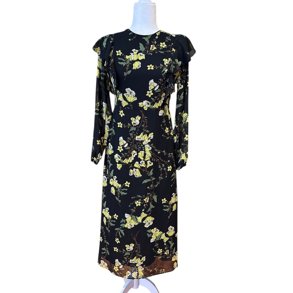 Who What Wear Black Yellow Floral Midi Maxi Dress Romantic‎ Cottagecore Ruffle S